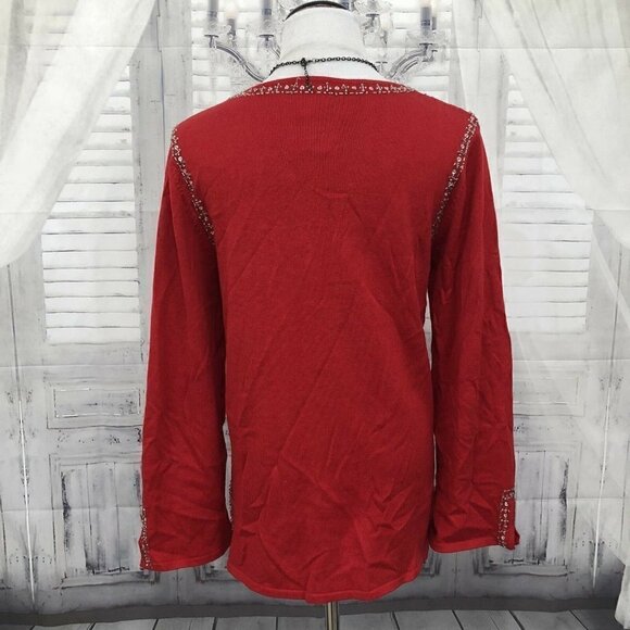 Quacker Factory Small Red Pearls Sweater Sequin Zip Embellished Long Sleeve - Picture 8 of 9
